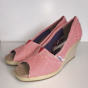 TOMS Red and White Pinstripe Espadrille Wedge